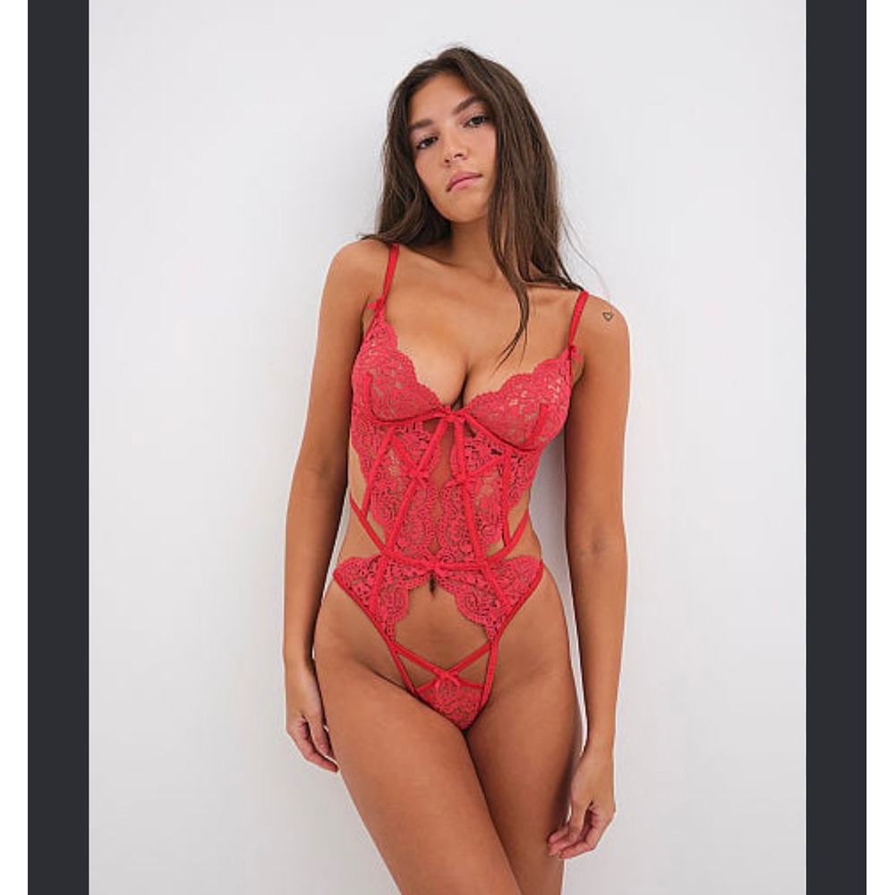 For Love & Lemons Red Lace Strappy Bodice Bodysuit XL Lingerie Romantic